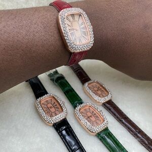 Elegant Watch with Red Strap and Crystal Bezel